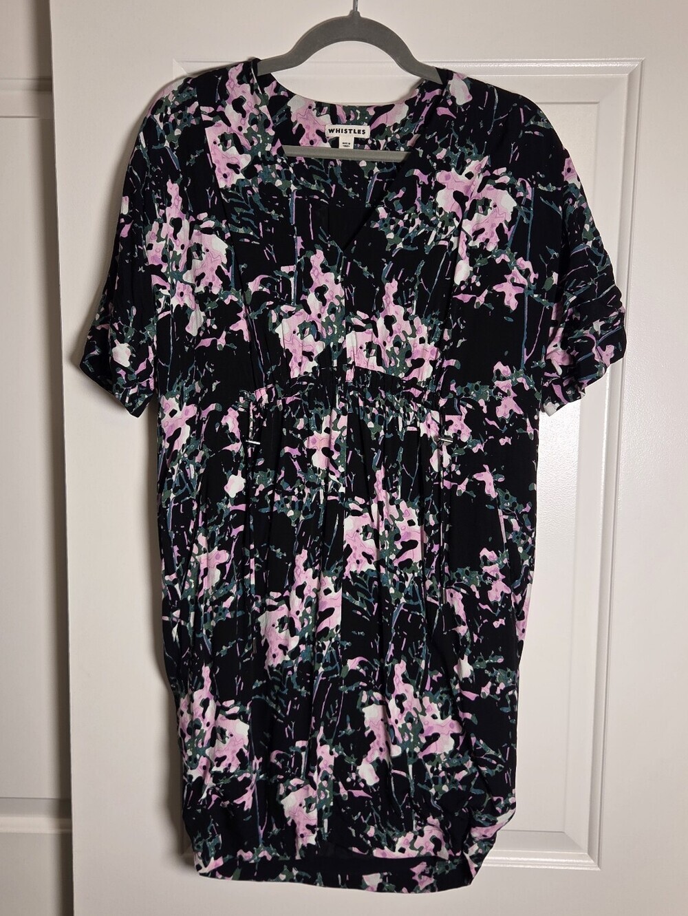 Whistles Dress Floral Viscose Short Sleeve Tie Cinch Belt Black Pink Size 4